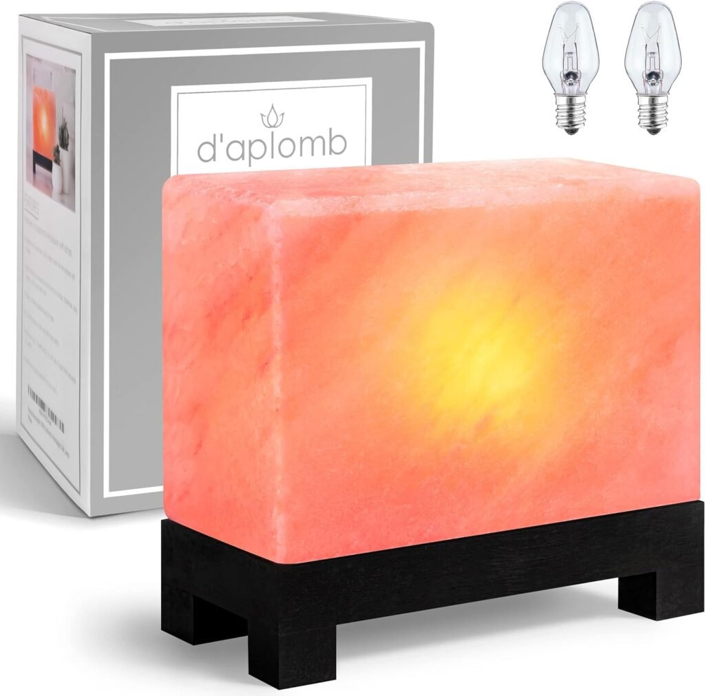 daplomb 100% Authentic Natural Himalayan Salt Lamp; Hand-Carved Modern Rectangle Rare Pink Crystal Rock Salt from The Himalayan Mountain; Footed Wood Base, Dimmer Cord + Extra Bulb; 11.5 lbs