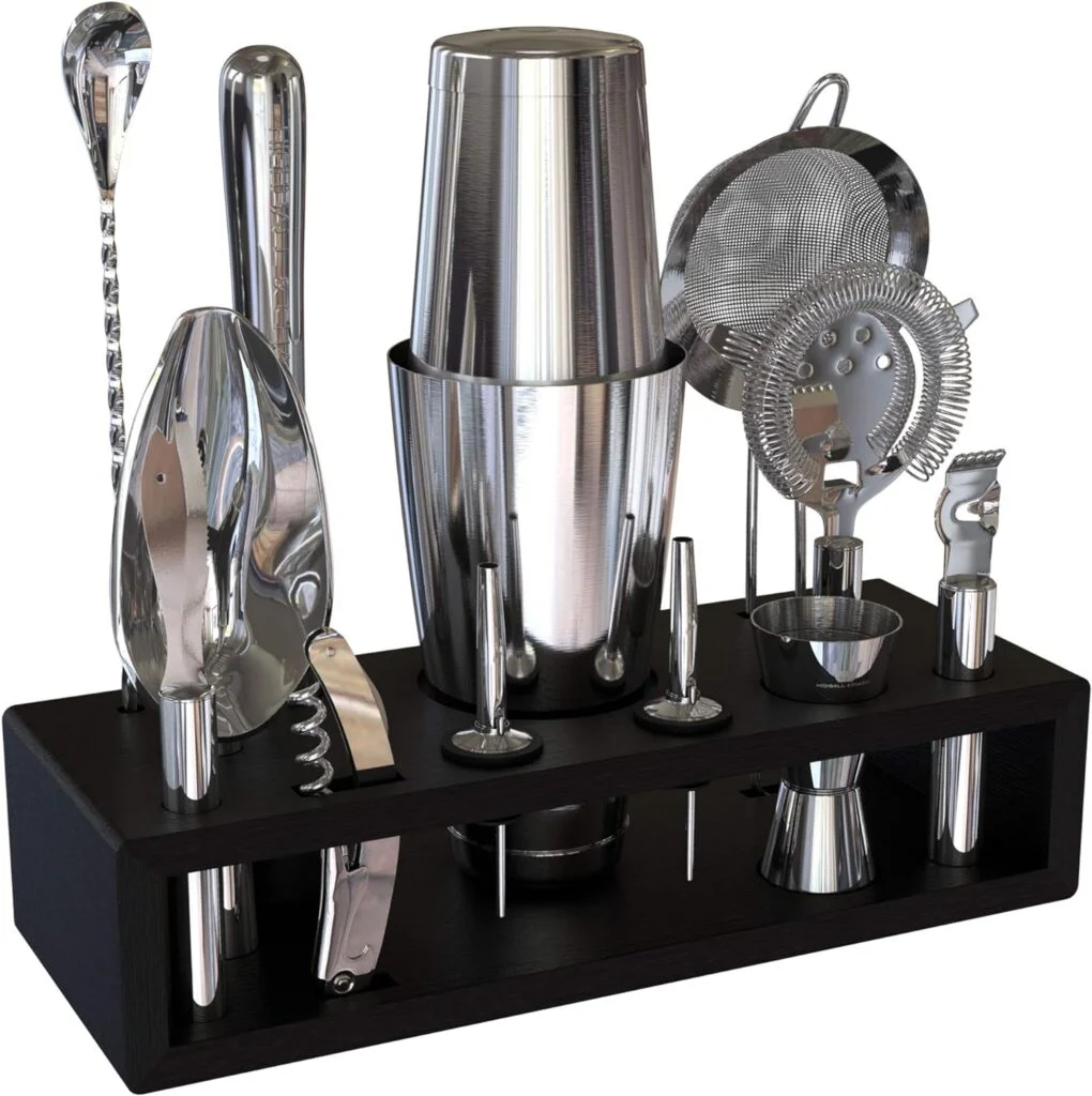 Highball Chaser 13-Piece Boston Cocktail Shaker Set Stainless Steel Mixology Bartender Kit With Stand For Home Bar Cocktail Set | Laser Engraved Cocktail Tools | Plus E-Book with 30 Cocktail Recipes
