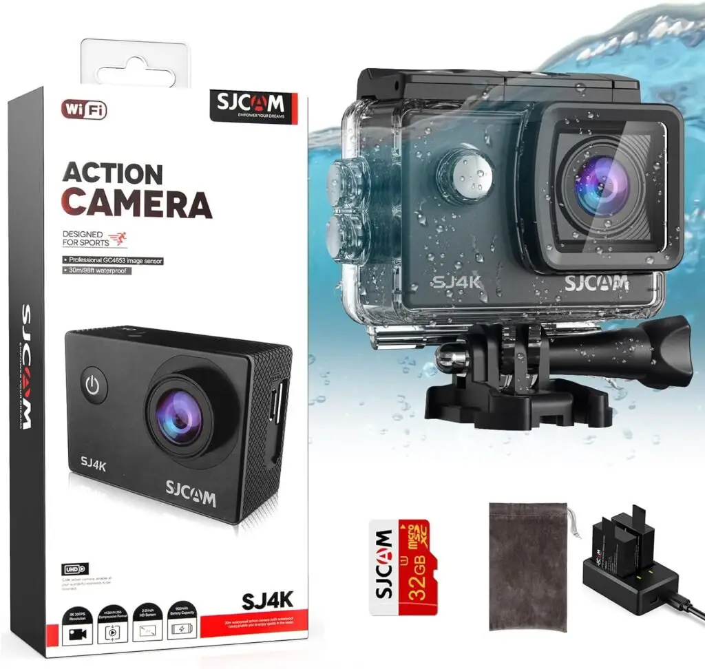 SJCAM SJ4000 4K30fps 40MP Action Camera WiFi Camera with Stabilization,Underwater 98ft Waterproof Camera with Dual Batteries,170°FOV 5X Zoom,32G SD Card and Helmet Mount Accessories Kits