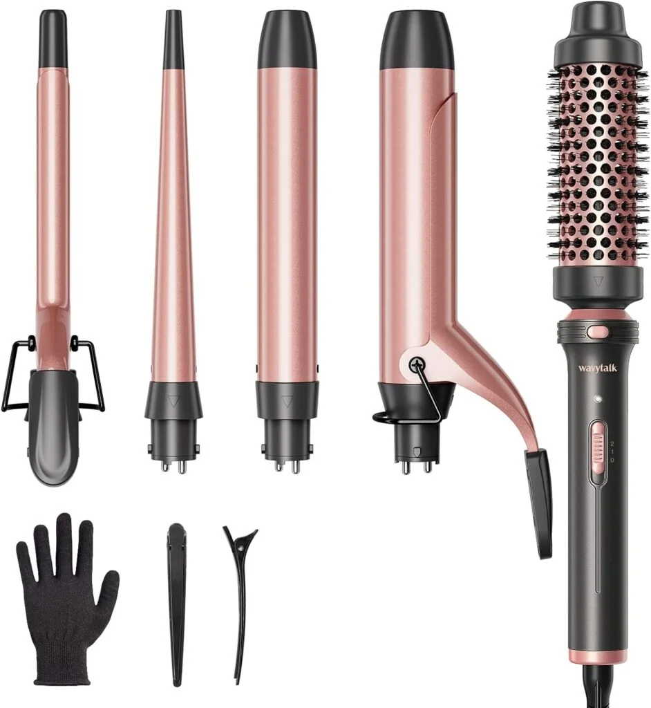 Wavytalk 5 in 1 Curling Iron Set with Curling Brush and 4 Interchangeable Ceramic Curling Wand (0.35-1.25”), Instant Heat Up, Dual Voltage Hair Curler