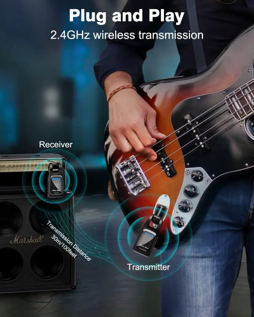 Wireless Guitar System 2.4GHz with 6 Channels Rechargeable Audio Wireless Guitar Transmitter Receiver for Guitar Bass Electric Instruments