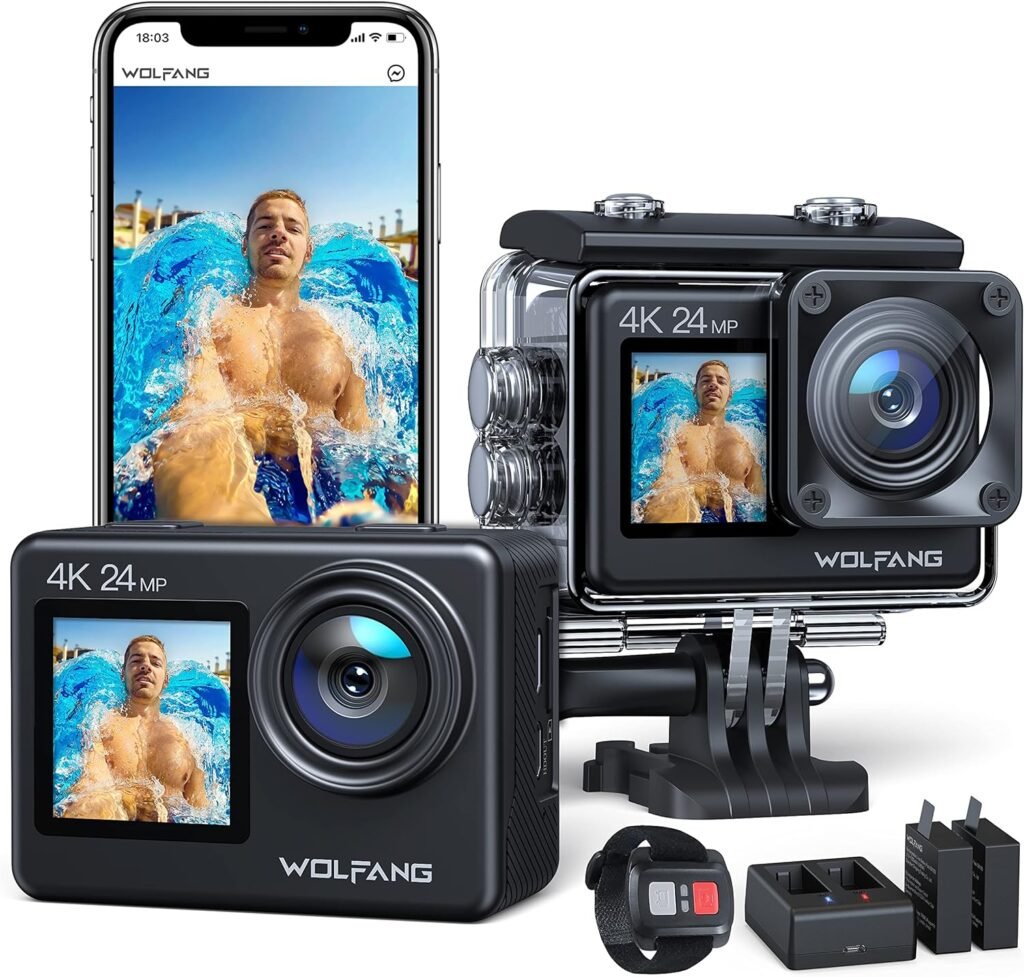 WOLFANG GA200 24MP 4K Action Camera 40M Waterproof Underwater Camera for Snorkeling, EIS WiFi Adjustable Wide Angle Dual Screen Camera for Vlog, Webcam(Charger, Remote Control and Helmet Accessories)