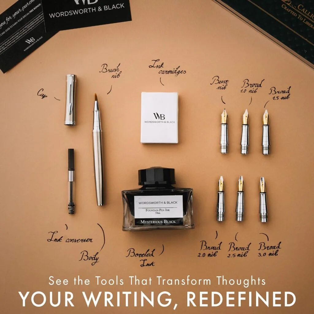 Wordsworth Black Calligraphy Pen Gift Set, Includes Ink Bottle, 6 Ink Cartridges, Ink Refill Converter, 6 Replacement Nibs, Premium Package, Journaling, Smooth Writing Pens [Black Gold]