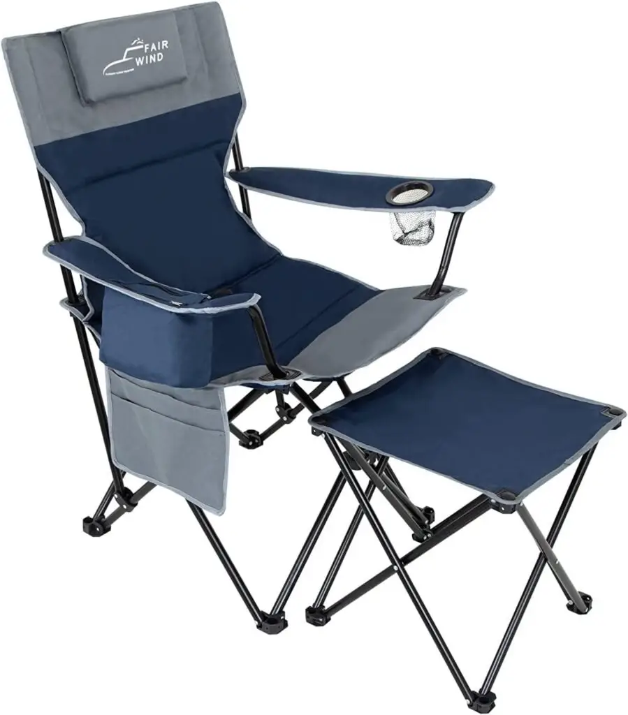 Oversized Padded Camping Lounge Chair with Footrest Stool Set, Heavy Duty Support 300 LBS Cooler Bag Chair with Headrest, Blue Grey