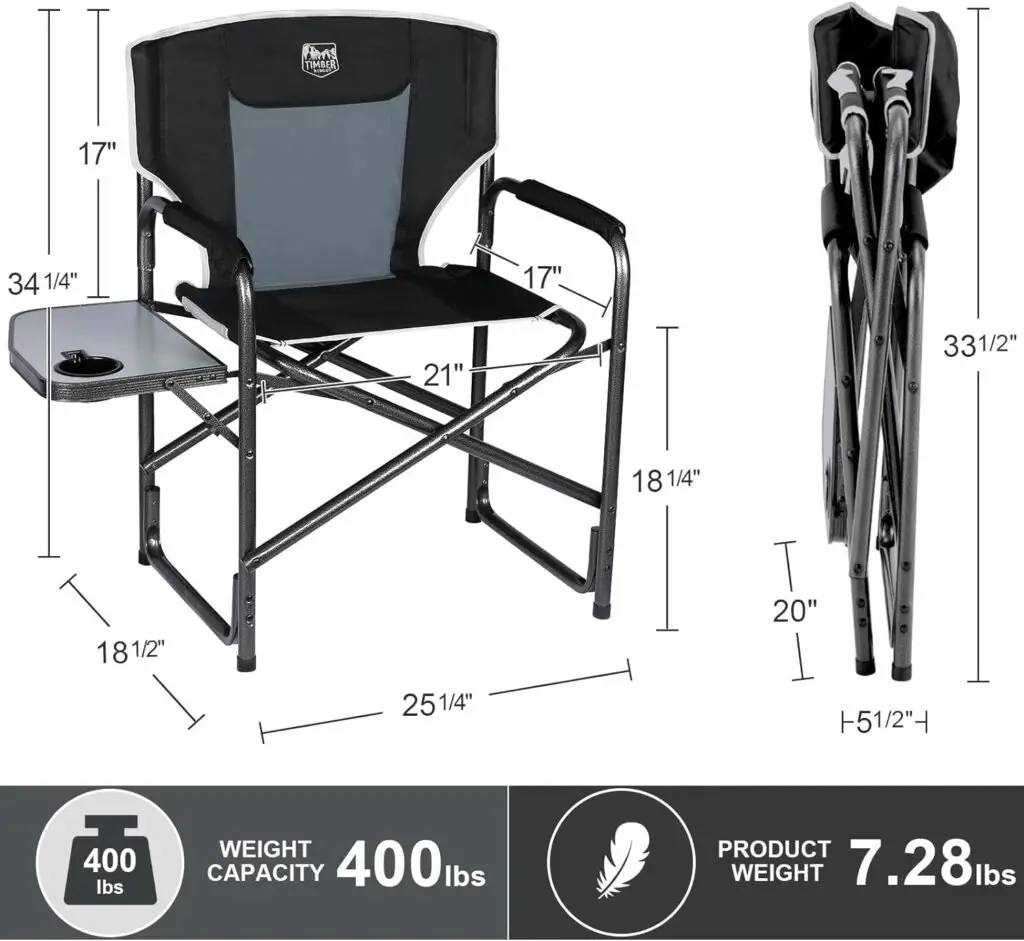 TIMBER RIDGE Lightweight Oversized Camping Chair, Portable Aluminum Directors Chair with Side Table for Outdoor Camping, Lawn, Picnic and Fishing, Supports 400lbs (Black) Ideal Gift