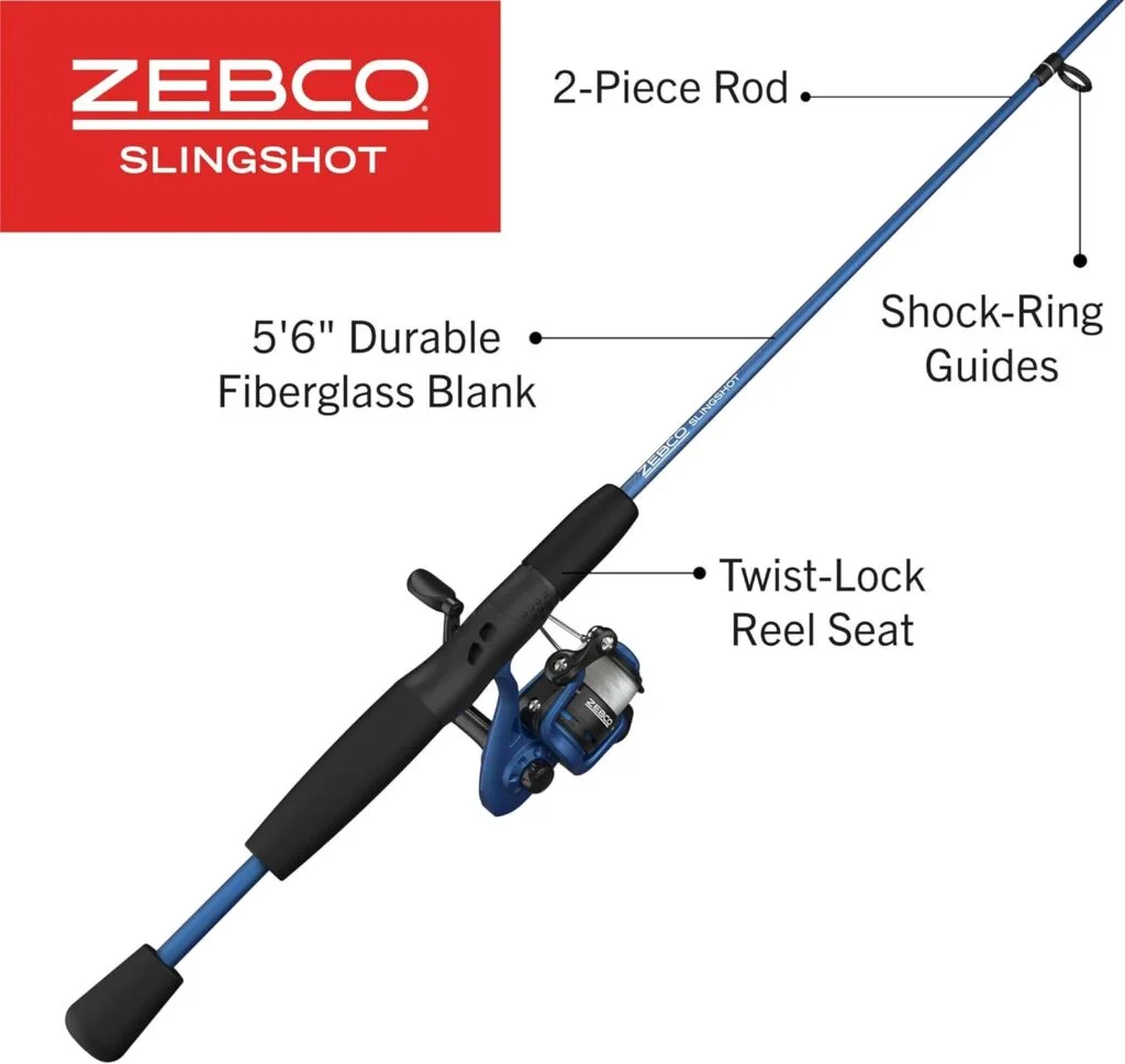 Zebco Slingshot Spinning Reel and Fishing Rod Combo, 2-Piece Medium-Light Durable Fiberglass Rod, Comfortable EVA Handle, Pre-Spooled with 8-Pound Cajun Fishing Line